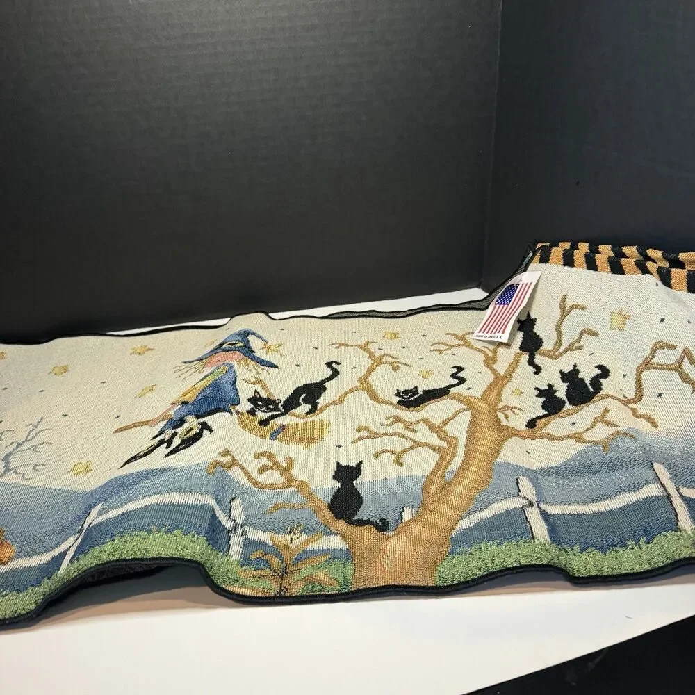 Vintage Halloween Tapestry Table Runner Night Scence with Witches NWT